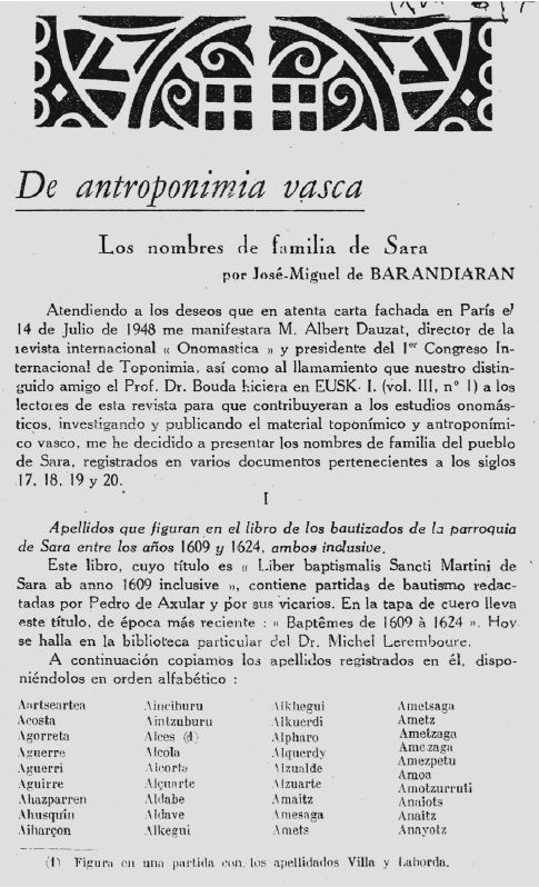 Separata de Eusko-Jakintza, 1949. Fuente: Barandiaran, José Miguel de. De antroponimia vasca. Extrait de Eusko-Jakintza, III, n.º 2-3, 1949, p. 163.