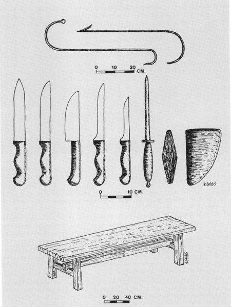 Instrumentos empleados en la matanza del cerdo. Fuente: Dibujo de Juan José Galdos, Grupos Etniker Euskalerria.