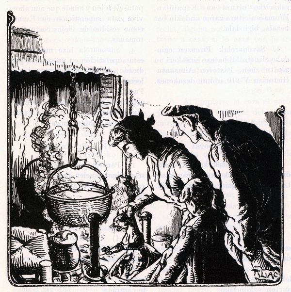 Pasando el gato alrededor del llar. (Dibujo de Tillac). Fuente: Azkue, Resurrección M.ª de. Euskalerriaren Yakintza. Tomo I. Madrid, 1935: (Dibujo de Tillac).