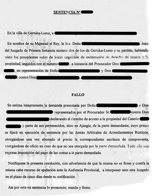 Sentencia de acceso a la propiedad de un arrendatario. Fuente: Segundo Oar-Arteta (Ismael Oar-Arteta), Grupos Etniker Euskalerria.