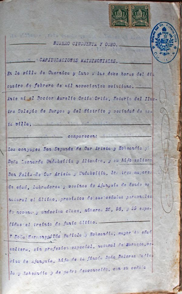 Ezkontzako kontratua, capitulaciones matrimoniales. Ajangiz (B), 1921. Fuente: Segundo Oar-Arteta, Grupos Etniker Euskalerria.