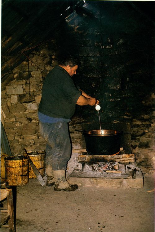 Añadiendo el cuajo. Vasconia continental, 1984. Fuente: Blot, Jacques. Artzainak. Les bergers basques. Los pastores vascos. San Sebastián, Elkar, 1984.