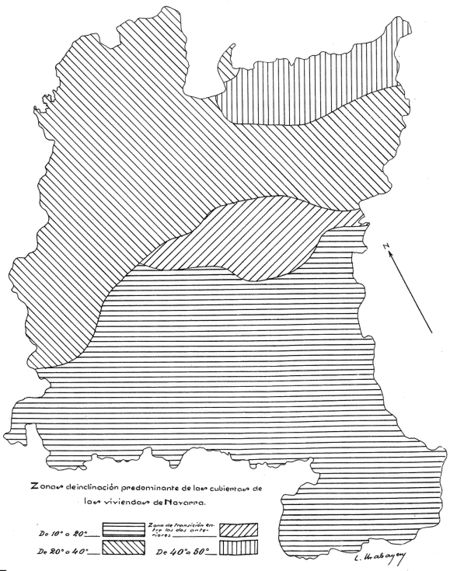 Zonas de inclinación predominante de las cubiertas de las viviendas de Navarra. Fuente: Urabayen, Leoncio. La casa navarra. Madrid: Espasa-Calpe, 1929, plano n.º 2 del autor.