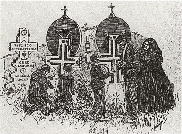 Niños postulando en el cementerio. Dibujo de P. Kauffmann. Fuente: L’Illustration, CIV. Paris, 3 Nov. Dib. P. Kauffmann.