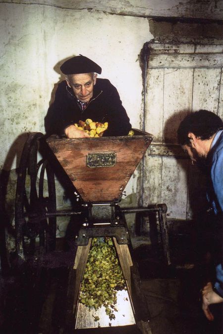 Triturando manzanas. Larrea (A), 1986. Fuente: Fernando Díaz de Corcuera, Grupos Etniker Euskalerria.