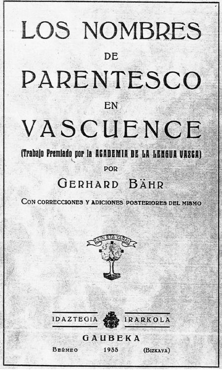 Los nombres de parentesco en Vascuence. Fuente: Bärr, Gerhard. Los nombres de parentesco en Vascuence. Bermeo: Gaubeka, 1935, cubierta.