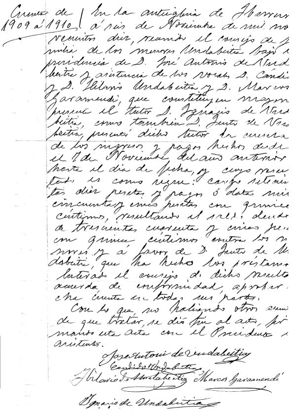 Acta de Consejo de Familia. Ibarruri (Muxika-B), 1910. Fuente: Segundo Oar-Arteta, Grupos Etniker Euskalerria.