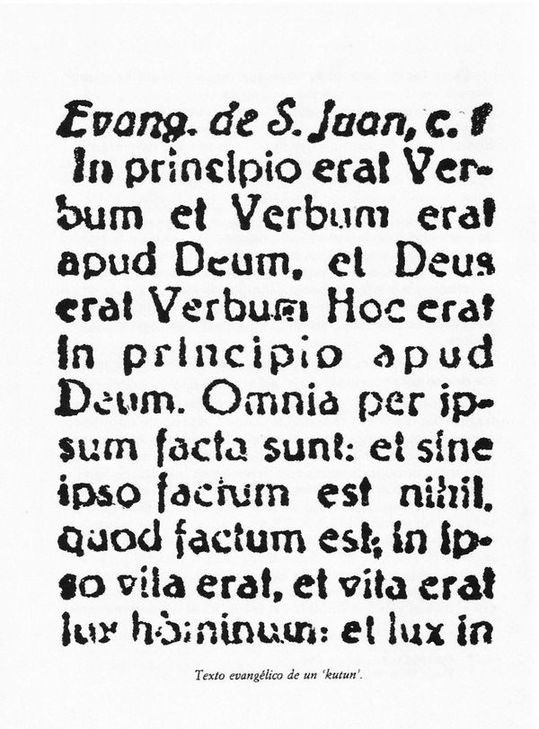 Texto evangélico de un “kutun”, 1960. Fuente: Anton Erkoreka, Grupos Etniker Euskalerria.