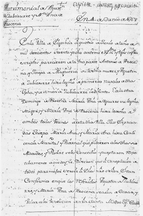 Contrato matrimonial. Elgoibar (G), 1768. Fuente: Koldo Lizarralde, Grupos Etniker Euskalerria.